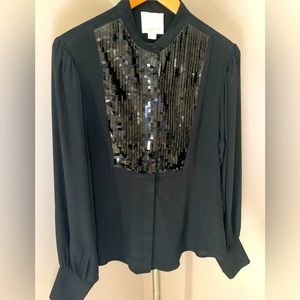 Vintage Aryn K Women’s Black Silk and Sequin Blouse (Size Medium).